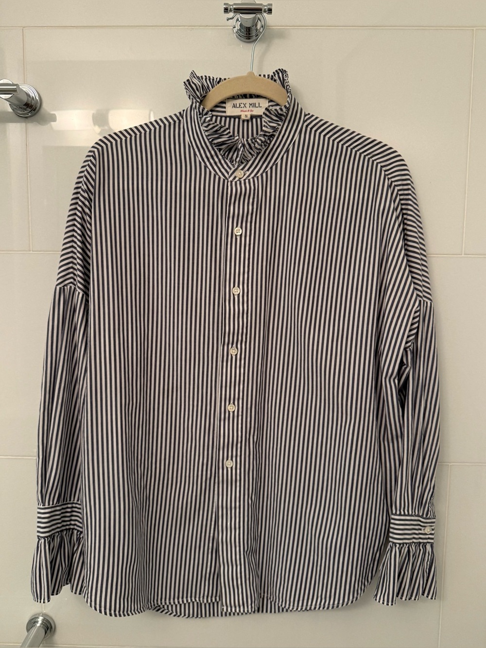 Alex Mill Blue and White Striped Ruffle-Collar Button Down Shirt